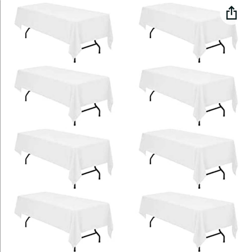 White tables cloths, 60x126 inches.  Perfect for 8 ft tables.